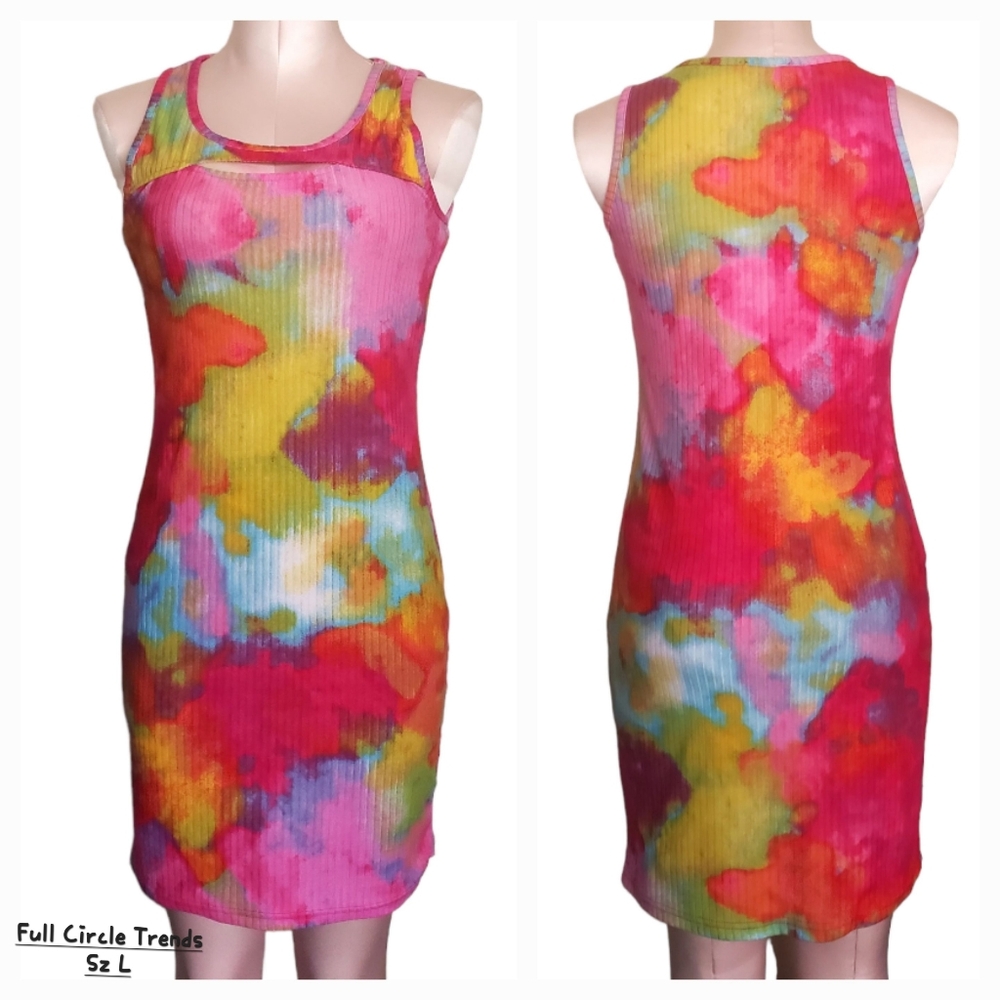 Watercolor Abstract Ribbed Cutout Mini Dress - Picture 2 of 3